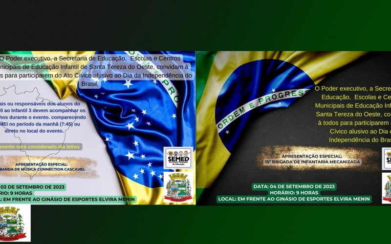 A Prefeitura Municipal através da Secretaria de educação convida toda população para o ato cívico alusivo ao dia da inde